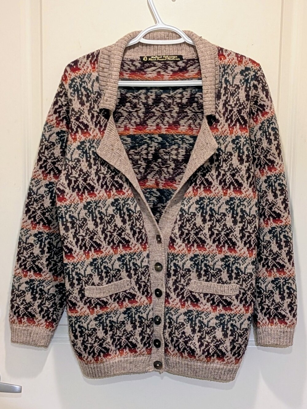 EUC Rutland Colorways L Shetland Wool Fallen Leaves Pattern Hand Loomed Cardigan